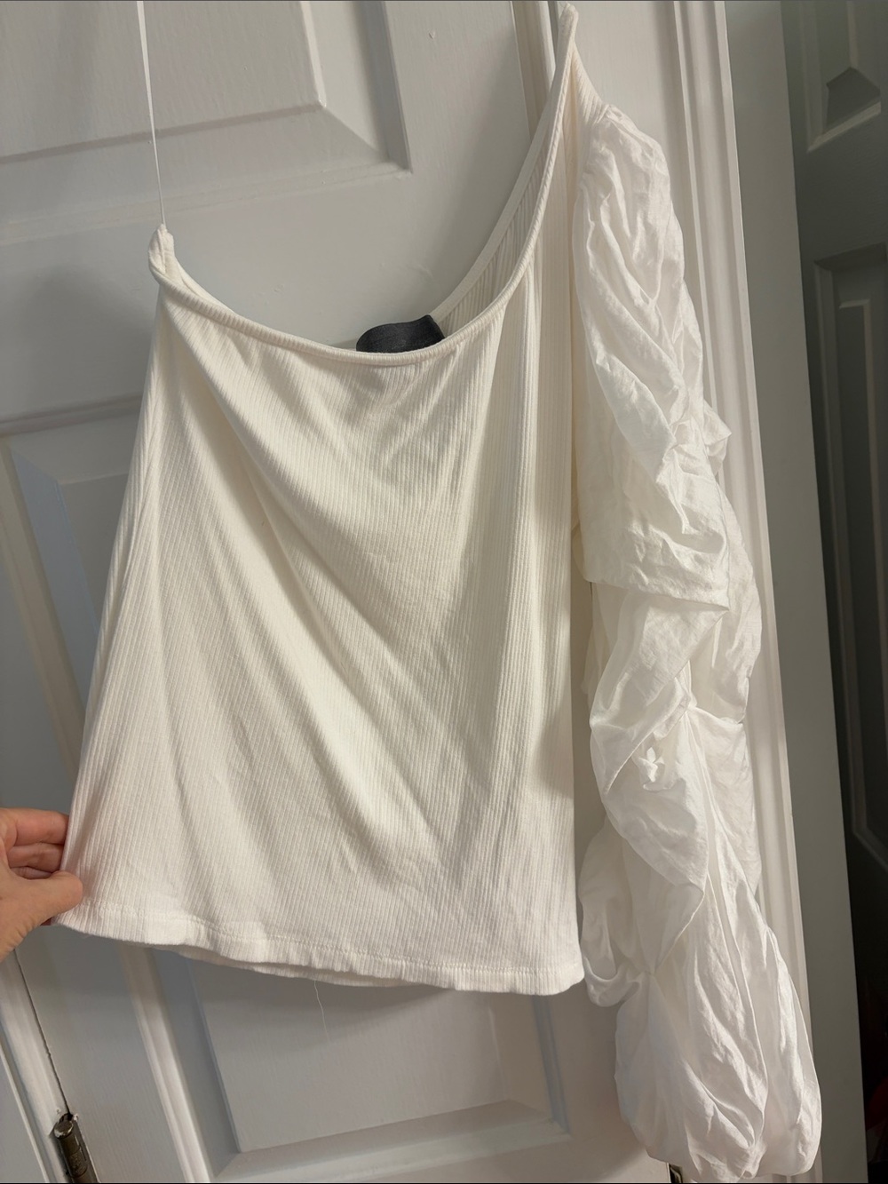 Sunday in Brooklyn Cream One-Shoulder Top with Ruched Sleeve